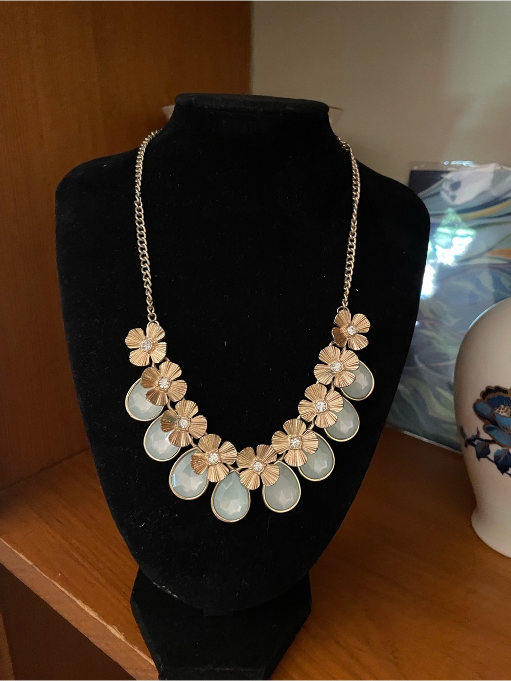 Gold Flower Statement Necklace with Blue Tear Drops
